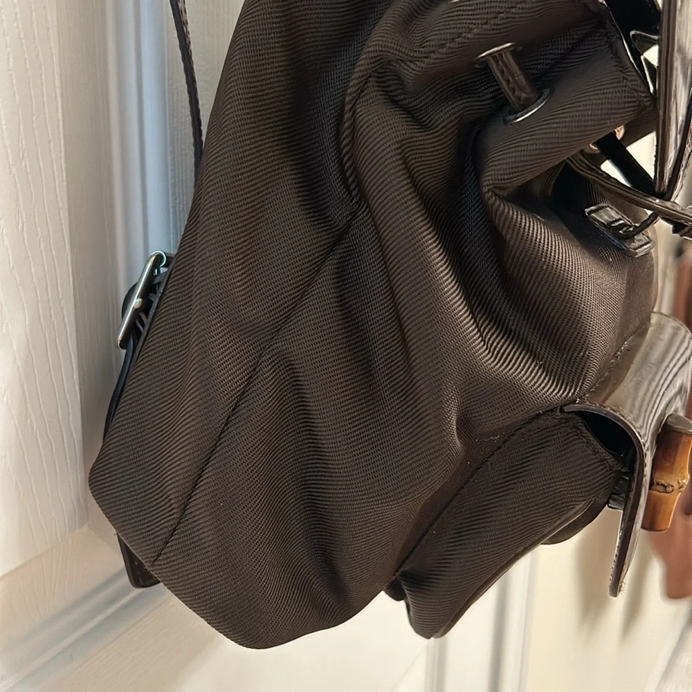 Vintage Gucci Brown Backpack Bamboo Handle Nylon Leather Adjustable Straps